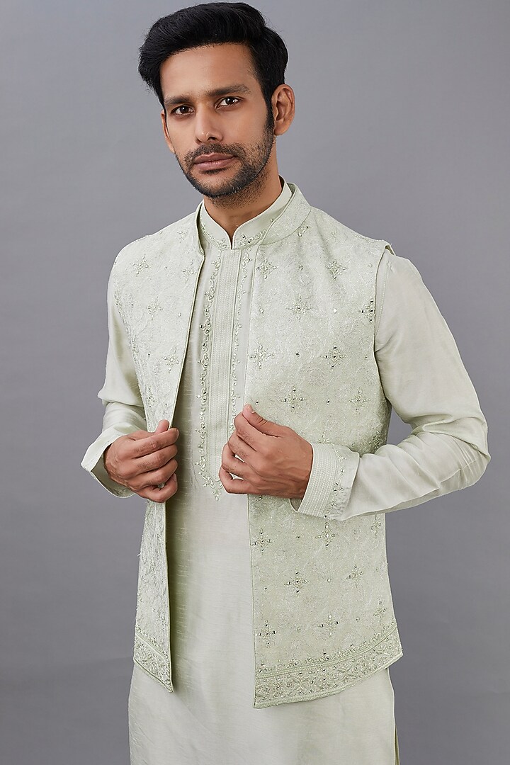 Mint Embroidered Wedding Indowestern Set by Vanshik at Pernia's Pop Up Shop