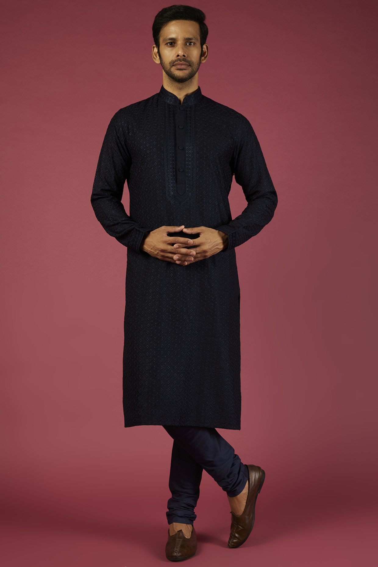 Navy Dupion Silk Kurta Set by Vanshik