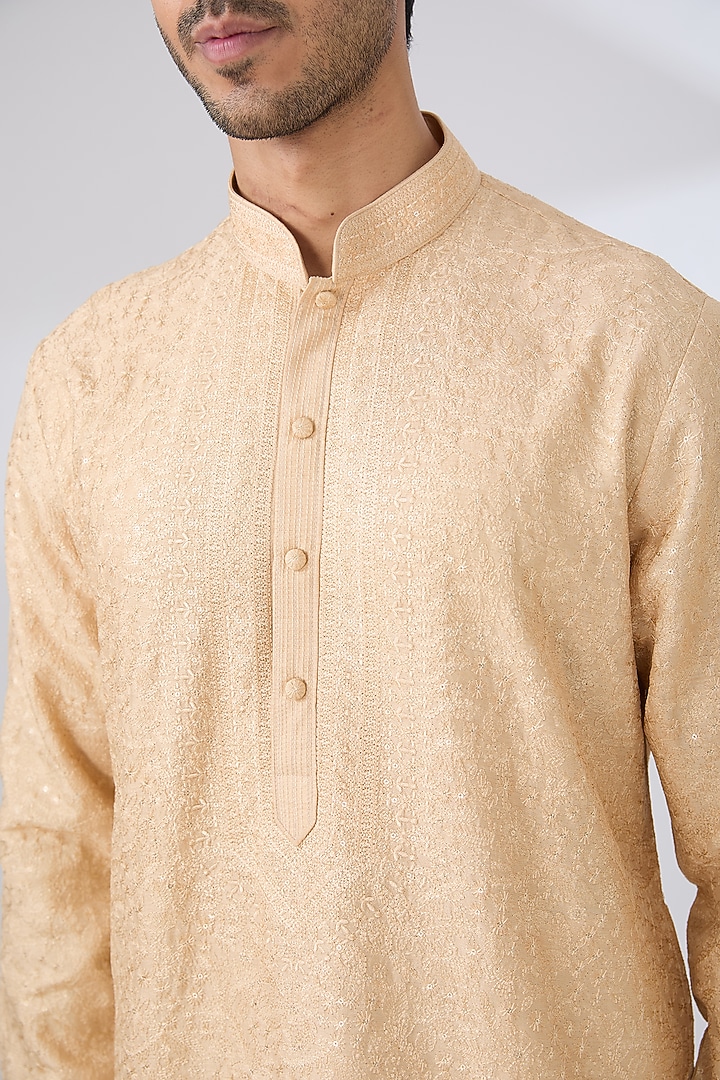 Beige Silk Embroidered Kurta Set by Vanshik at Pernia's Pop Up Shop