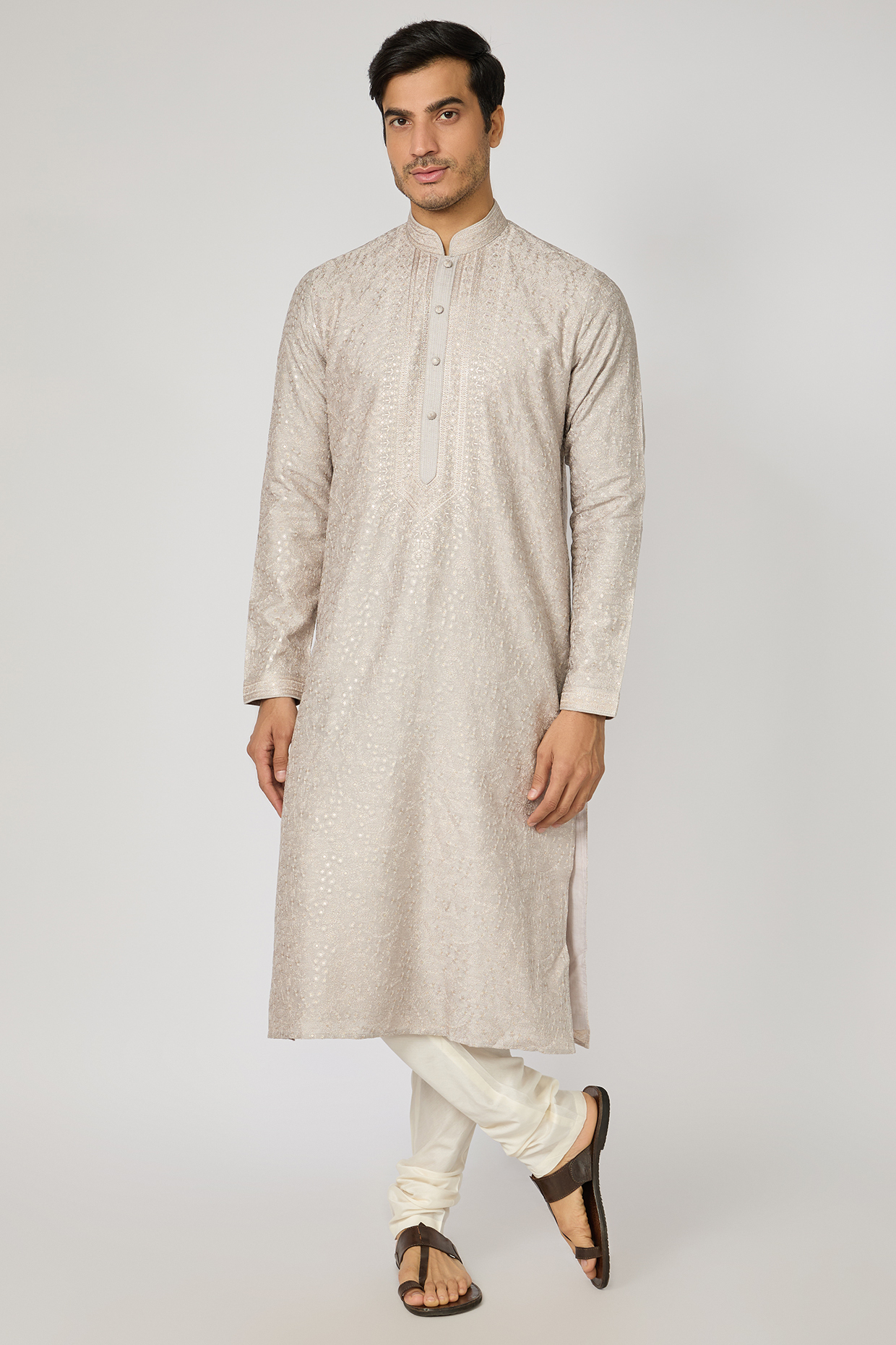 Grey Dupion Silk Sequins Work Kurta Set by Vanshik at Pernia's Pop Up Shop