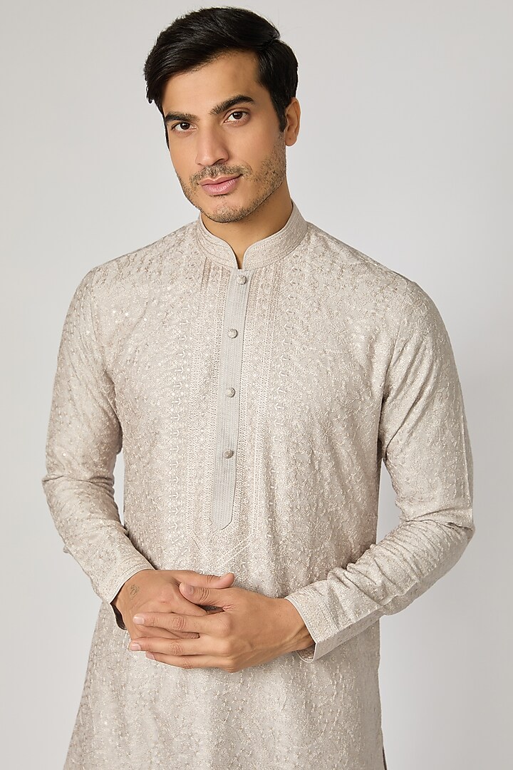 Grey Dupion Silk Sequins Work Kurta Set by Vanshik at Pernia's Pop Up Shop