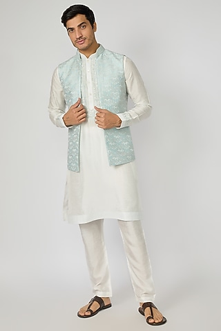 Aqua Dupion Silk Embroidered Indowestern Set by Vanshik