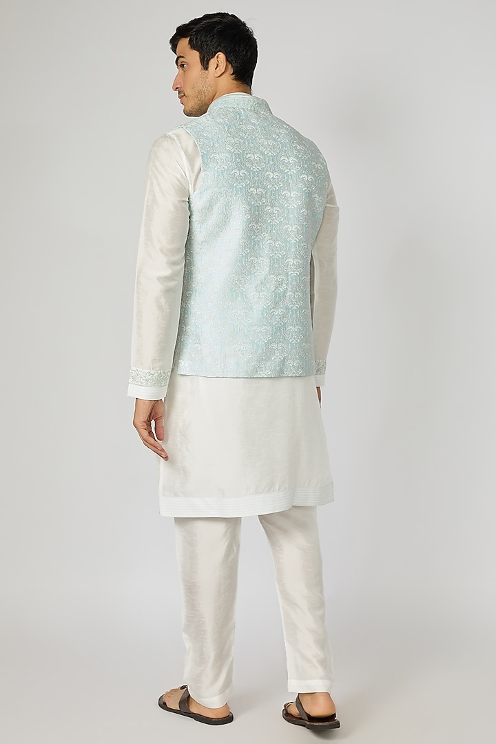 Aqua Dupion Silk Embroidered Wedding Indowestern Set by Vanshik at Pernia's Pop Up Shop