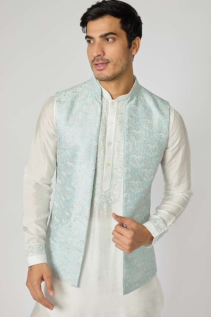 Aqua Dupion Silk Embroidered Wedding Indowestern Set by Vanshik at Pernia's Pop Up Shop