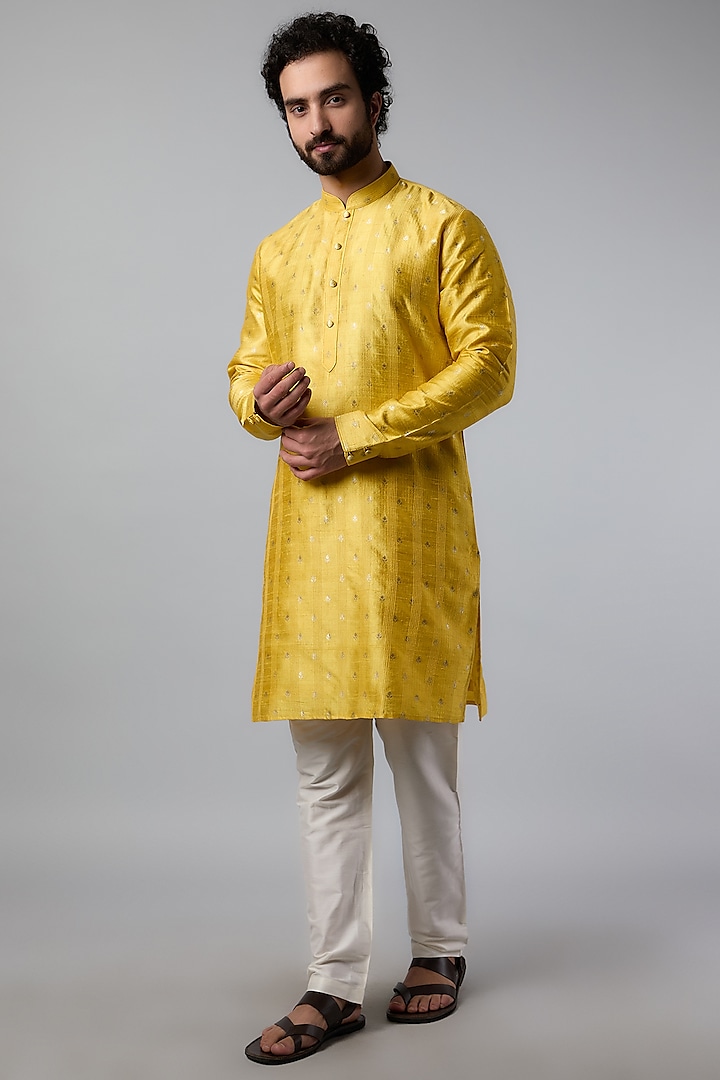 Haldi Yellow Raw Silk Embroidered Kurta Set by Vanshik