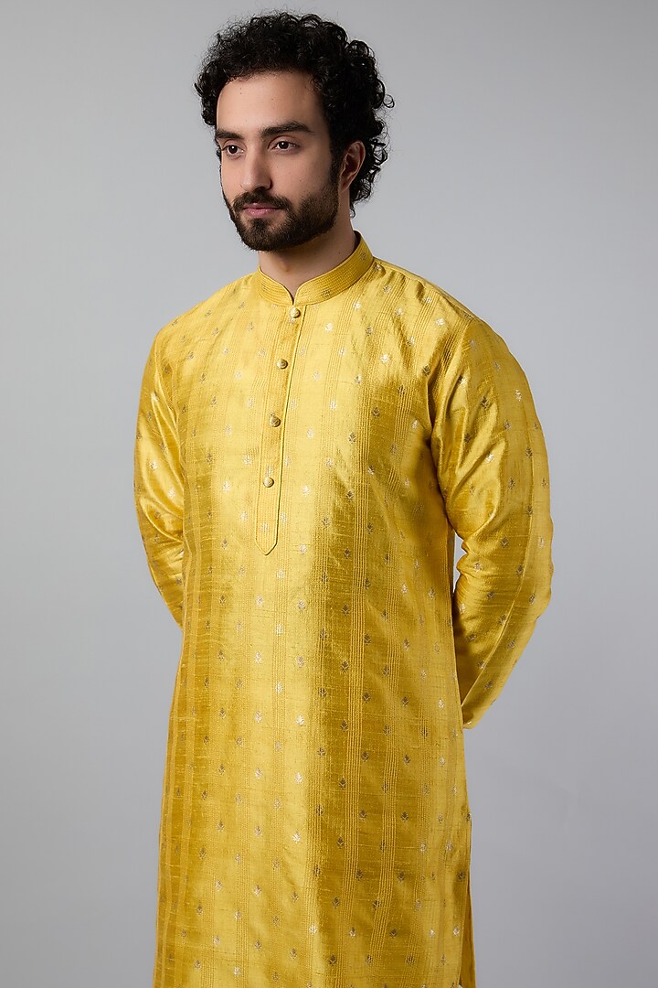 Haldi Yellow Raw Silk Embroidered Kurta Set by Vanshik at Pernia's Pop Up Shop