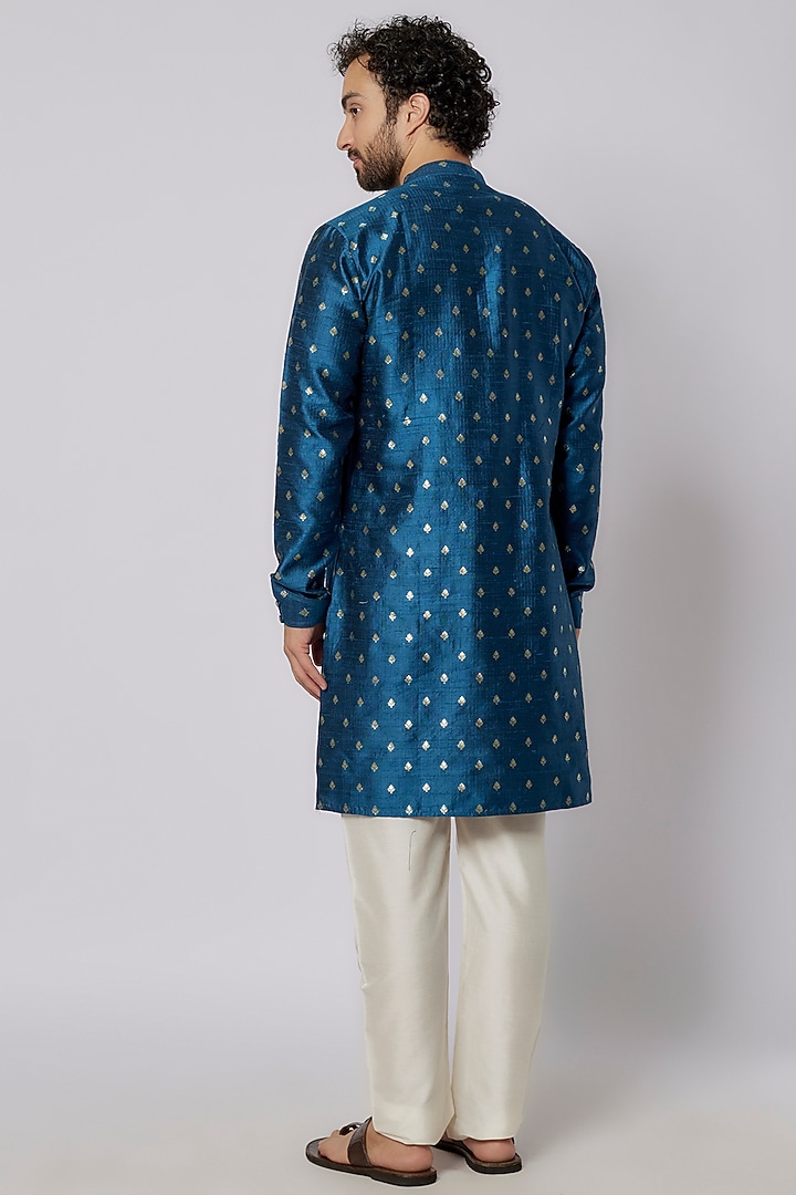 Teal Raw Silk Kurta Set by Vanshik at Pernia's Pop Up Shop
