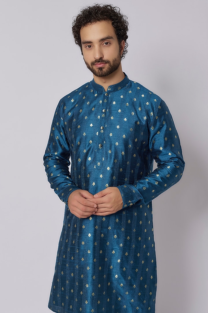 Teal Raw Silk Kurta Set by Vanshik at Pernia's Pop Up Shop