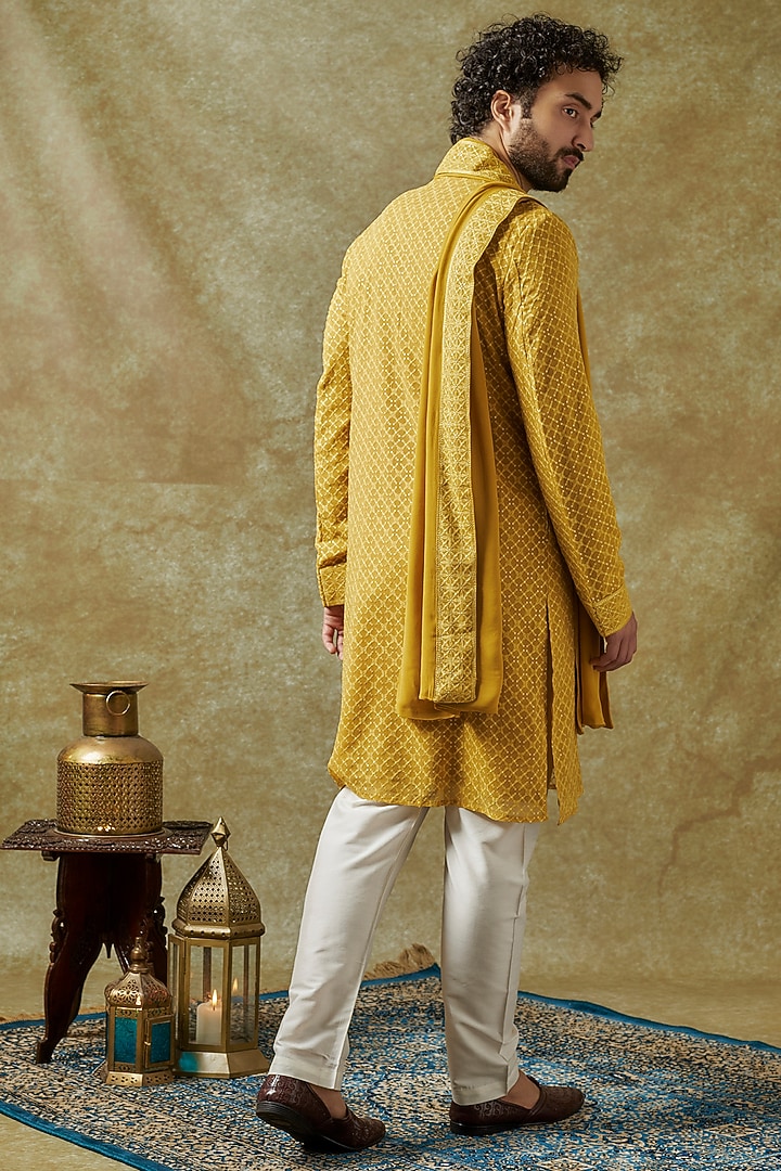 Yellow Soft Silk Embroidered Kurta Set by Vanshik at Pernia's Pop Up Shop