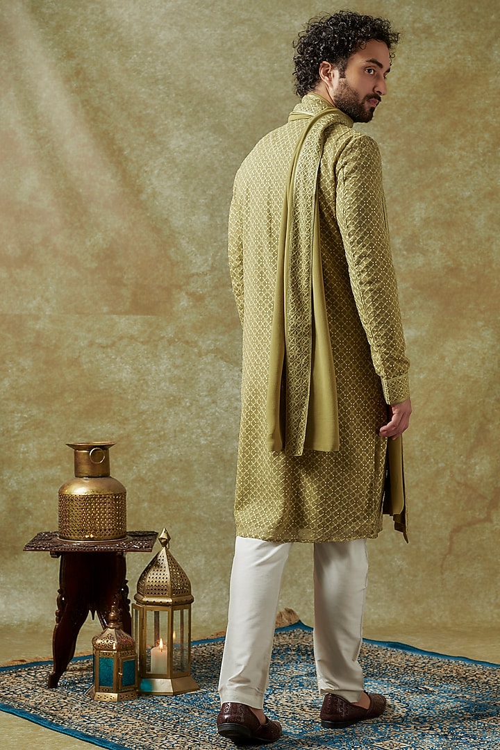 Olive Green Soft Silk Embroidered Kurta Set by Vanshik at Pernia's Pop Up Shop