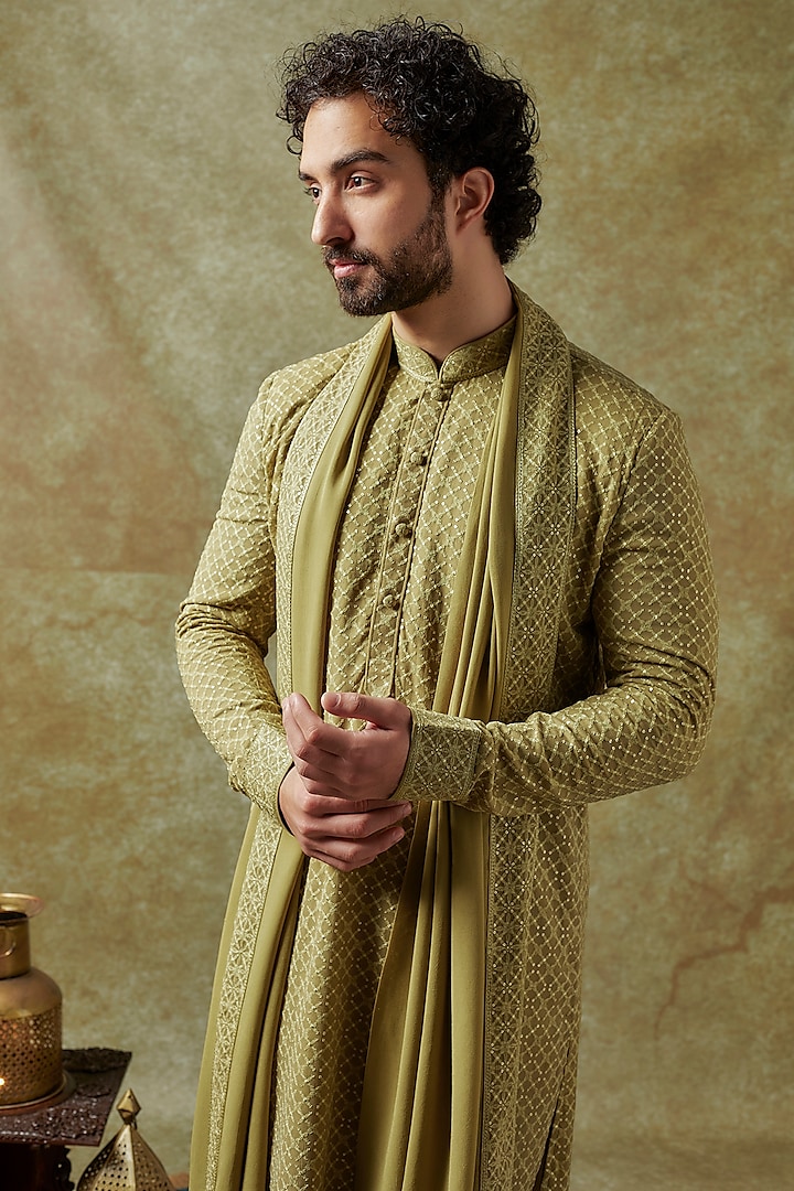 Olive Green Soft Silk Embroidered Kurta Set by Vanshik at Pernia's Pop Up Shop