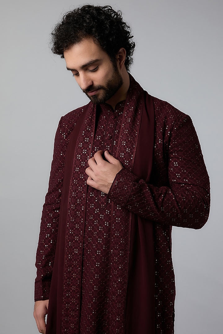 Wine Brocade Kurta Set by Vanshik at Pernia's Pop Up Shop