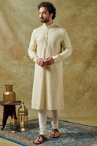 Mint Yellow Georgette Embroidered Kurta Set by Vanshik