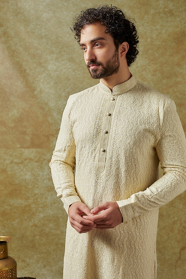 Mint Yellow Georgette Embroidered Kurta Set by Vanshik at Pernia's Pop Up Shop