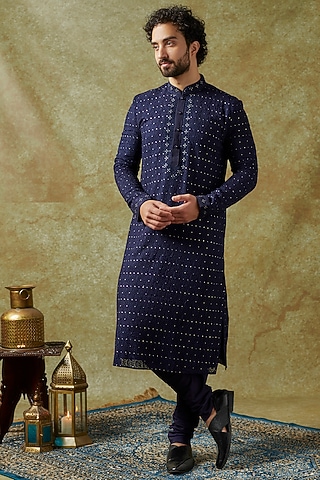 Navy Blue Georgette Embroidered Kurta Set by Vanshik