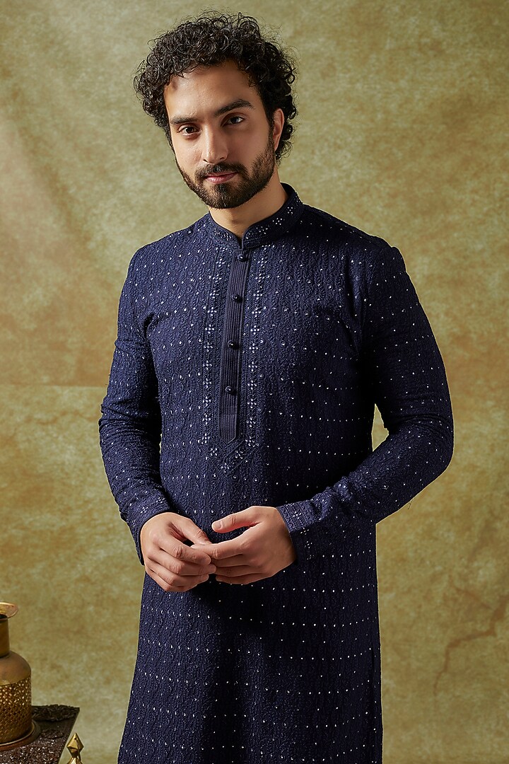 Navy Blue Georgette Embroidered Kurta Set by Vanshik at Pernia's Pop Up Shop