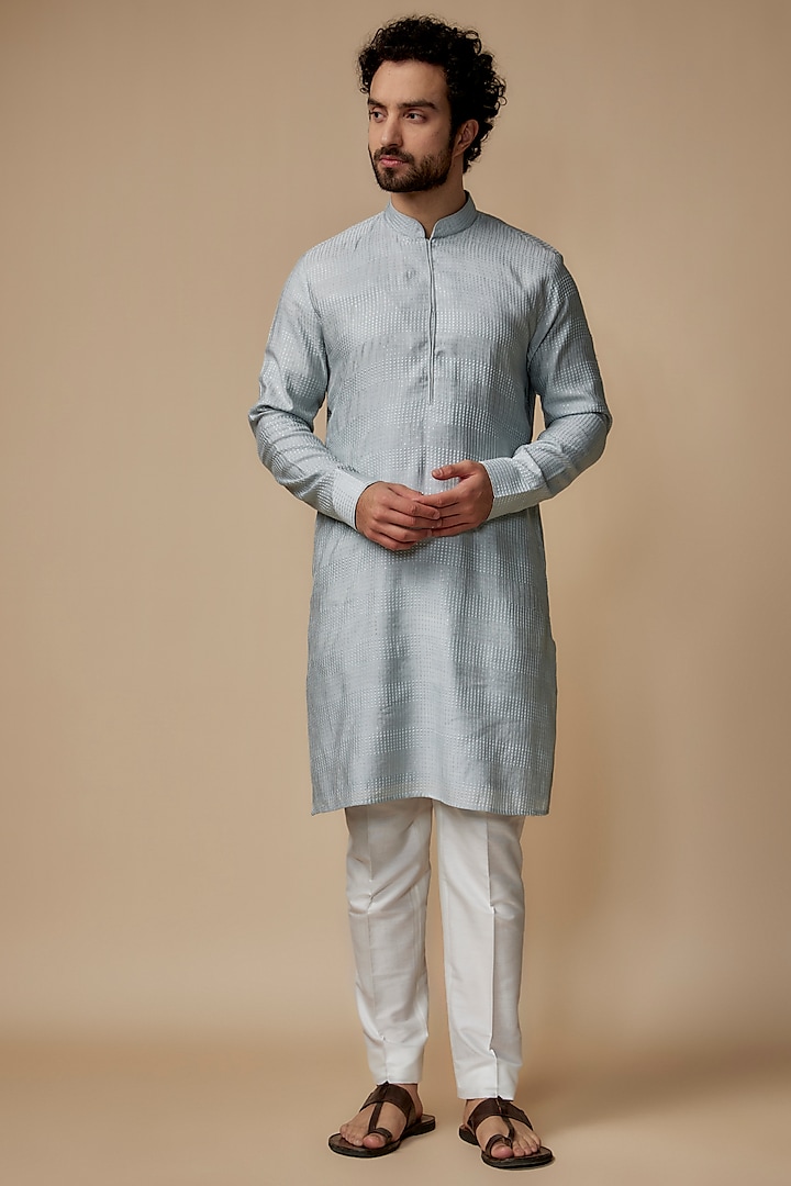 Ice Blue Blended Silk Sequins Embroidered Kurta Set by Vanshik