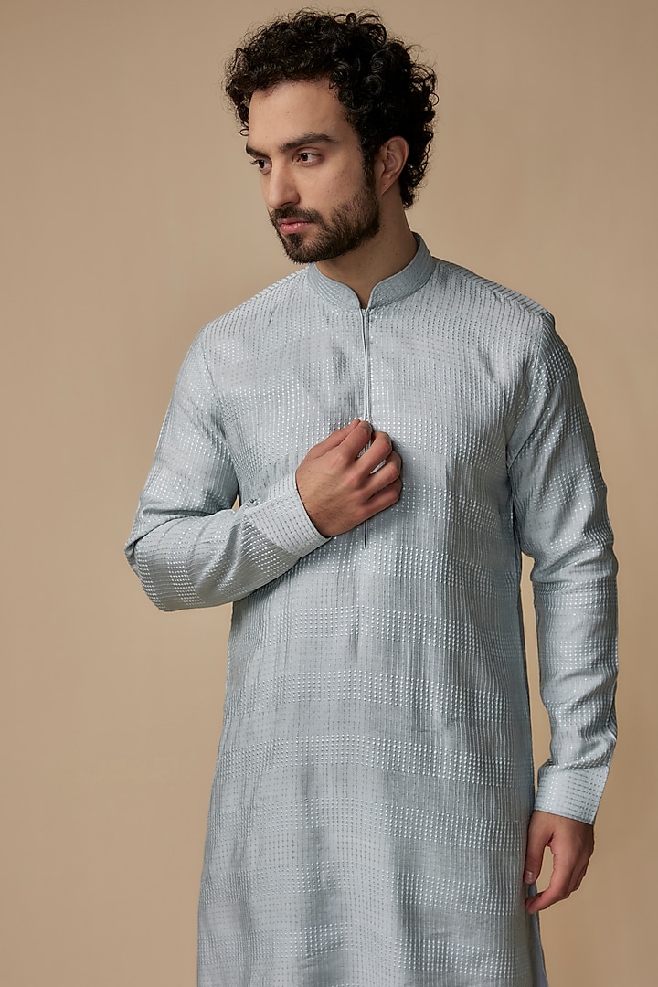 Ice Blue Blended Silk Sequins Embroidered Kurta Set by Vanshik at Pernia's Pop Up Shop