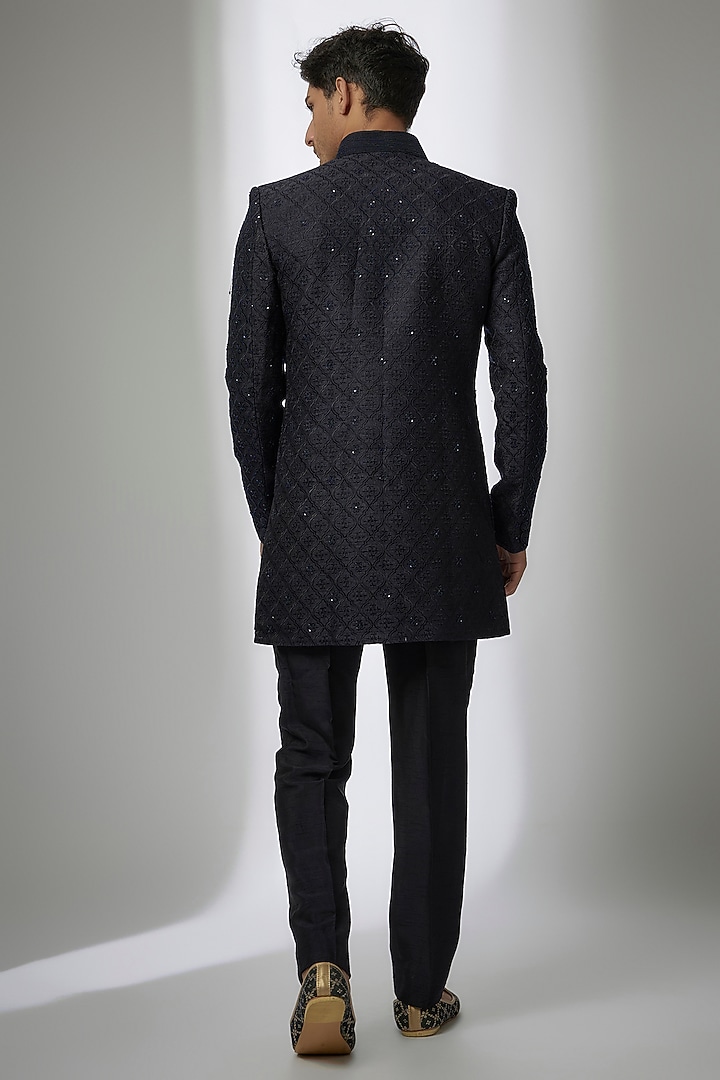 Navy Blue Silk Embroidered Open Indo-Western Set by Vanshik at Pernia's Pop Up Shop
