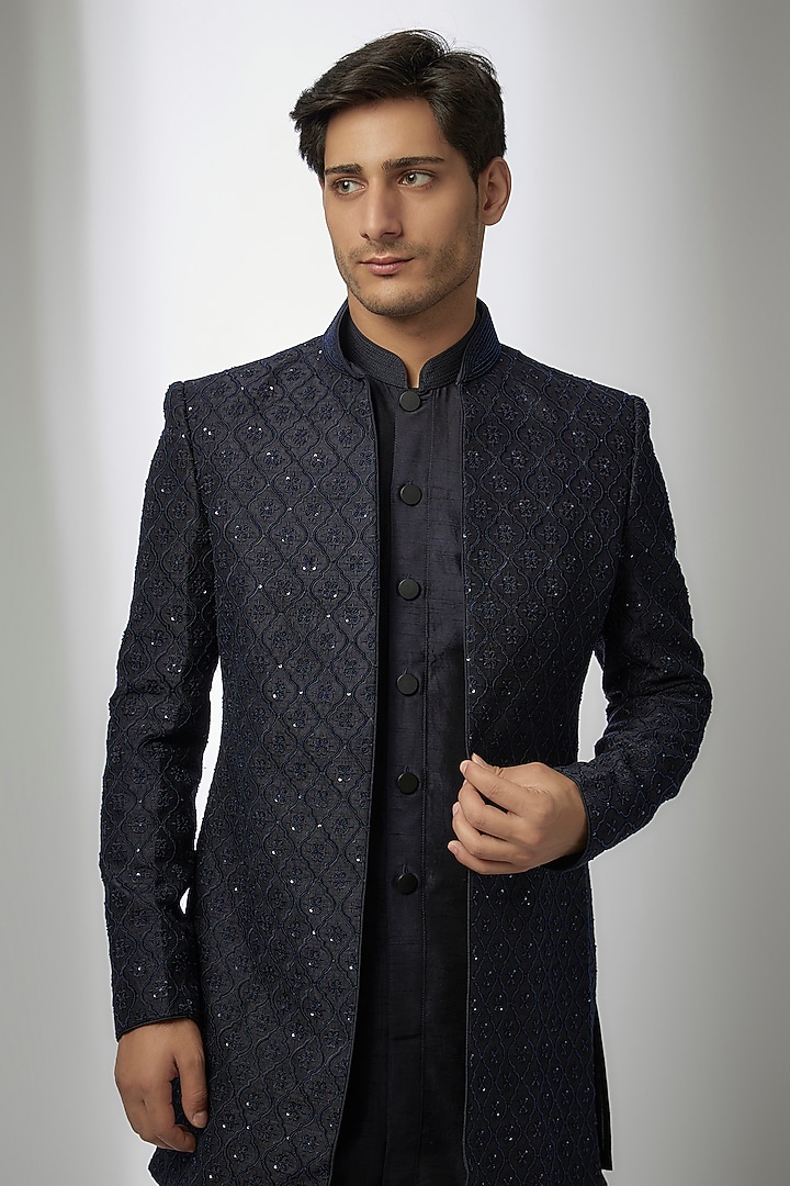 Navy Blue Silk Embroidered Open Indo-Western Set by Vanshik at Pernia's Pop Up Shop