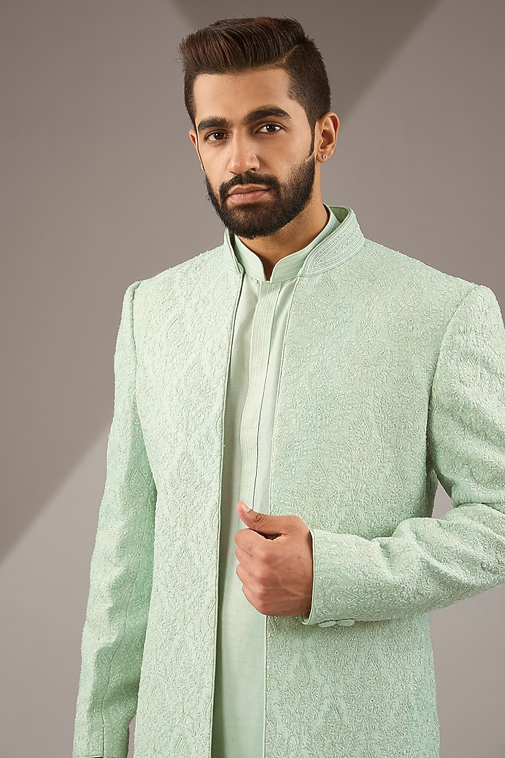 Mint Silk Pearl Hand Embroidered Indo-Western Set by Vanshik at Pernia's Pop Up Shop