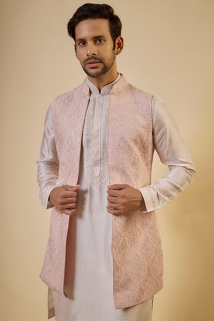 Blush Pink Silk Embroidered Indowestern Set by Vanshik at Pernia's Pop Up Shop