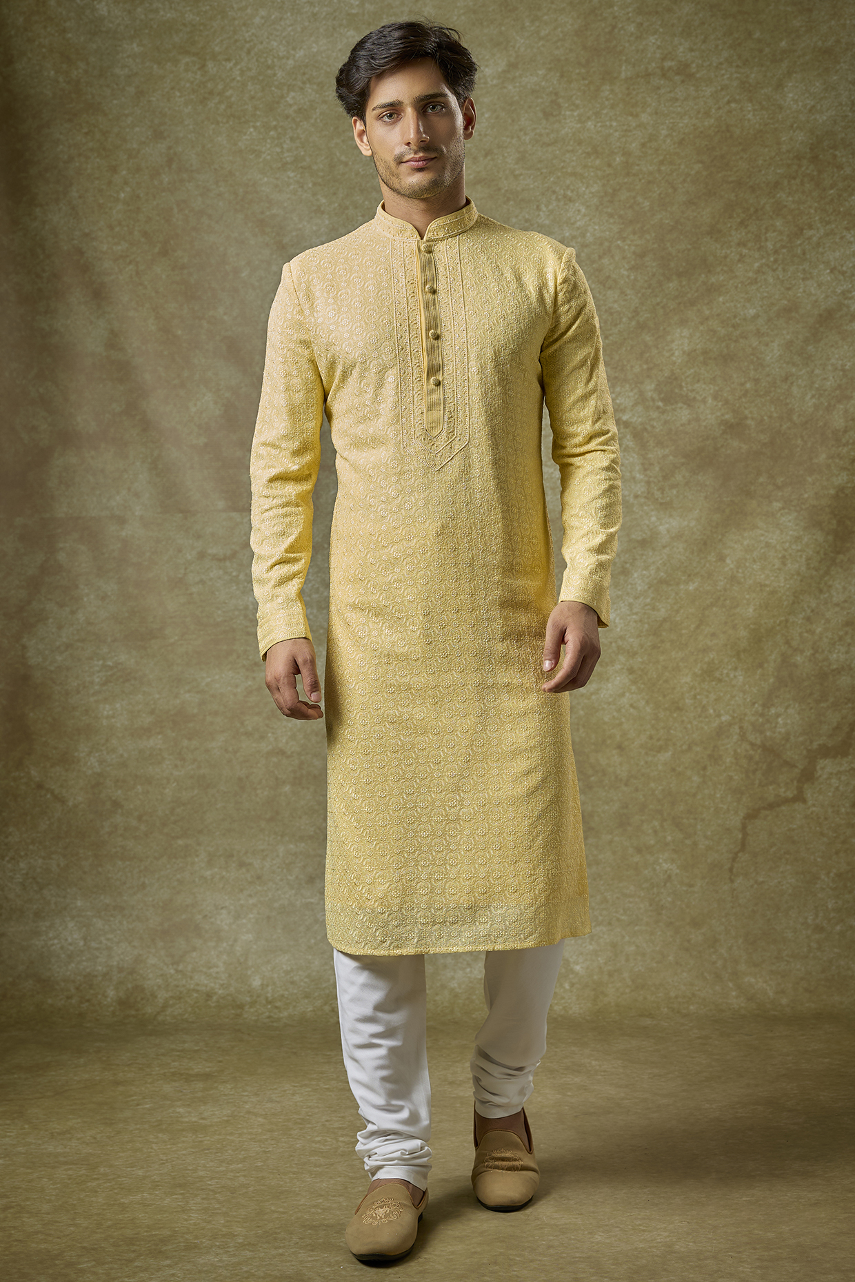 Haldi Yellow Silk Embroidered Kurta Set by Vanshik