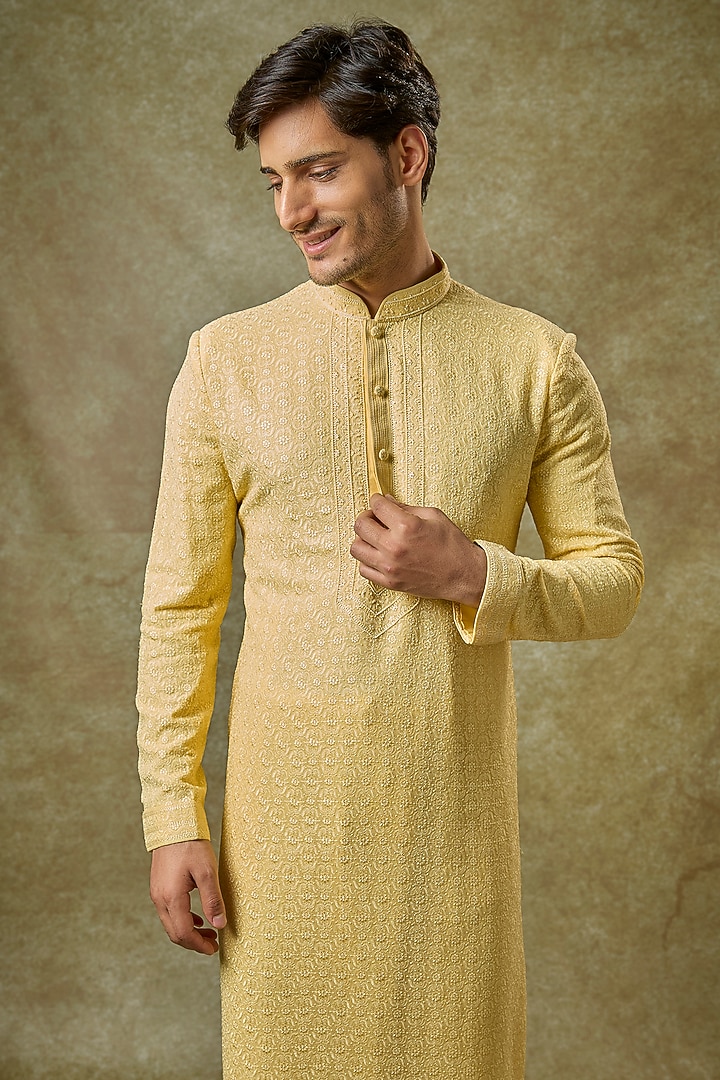 Haldi Yellow Silk Embroidered Kurta Set by Vanshik at Pernia's Pop Up Shop