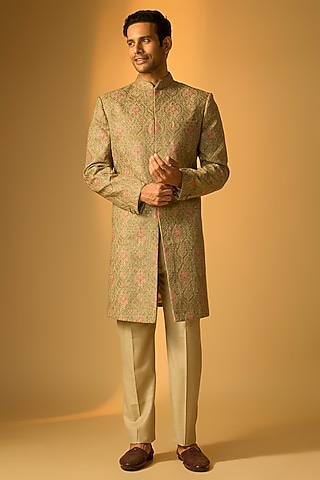 Olive Green Silk Sherwani Set by Vanshik