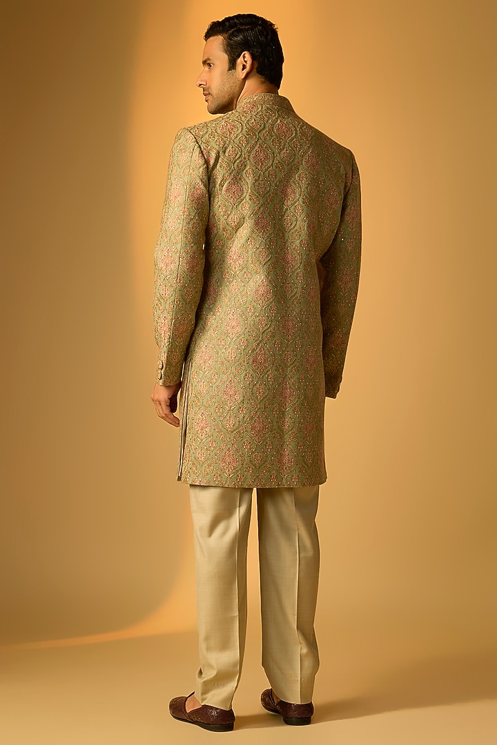 Olive Green Silk Groom Sherwani Set by Vanshik at Pernia's Pop Up Shop