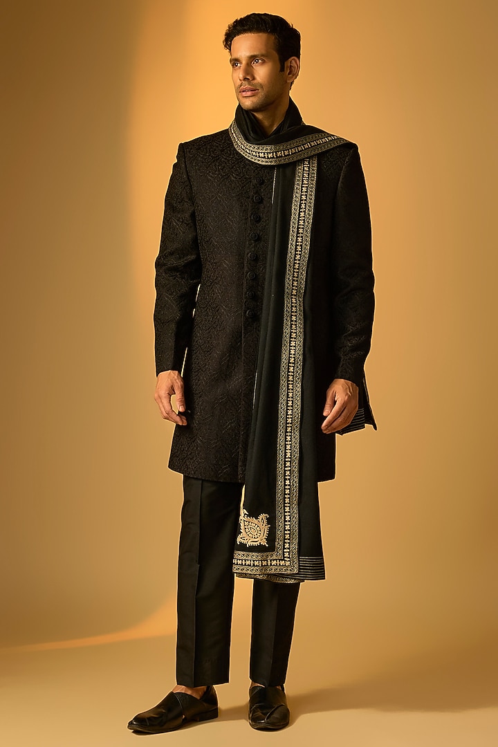 Black Silk Groom Sherwani Set by Vanshik at Pernia's Pop Up Shop