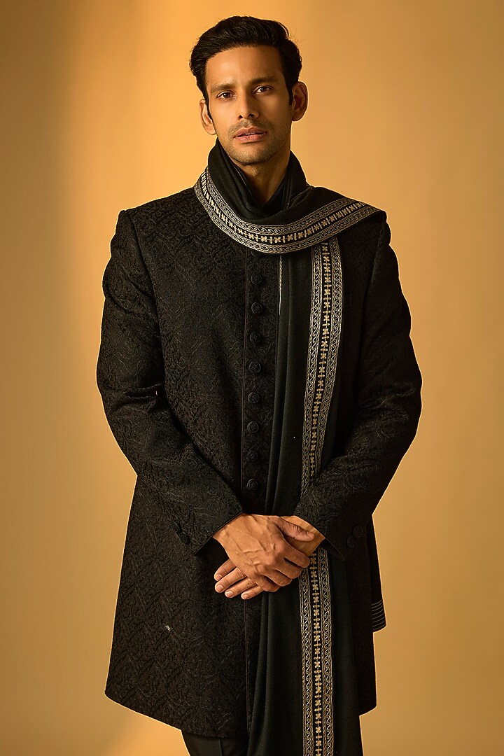 Black Silk Groom Sherwani Set by Vanshik at Pernia's Pop Up Shop
