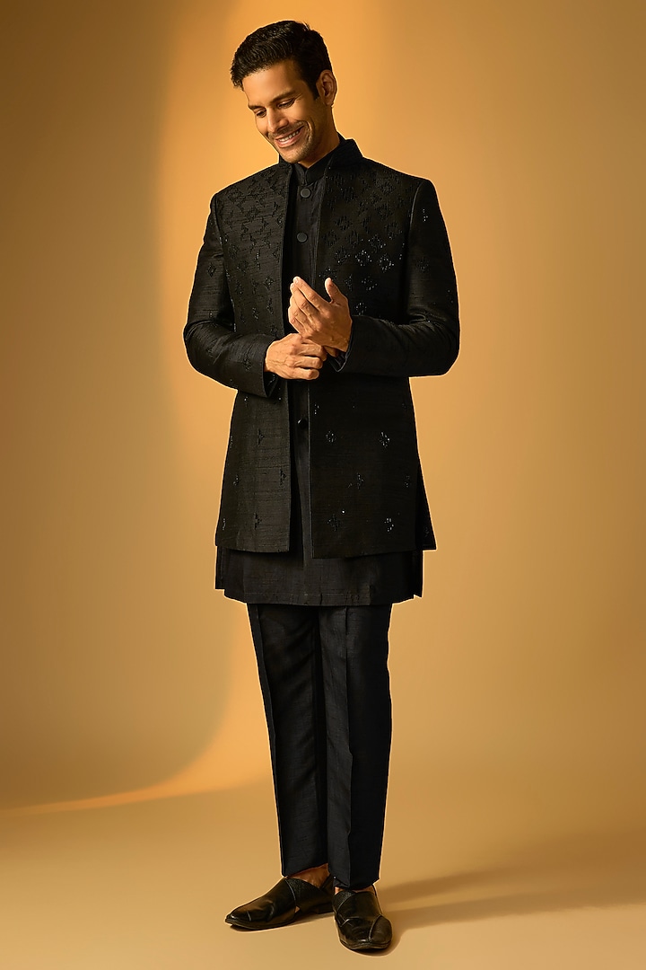 Black Silk Indo-Western Set by Vanshik at Pernia's Pop Up Shop