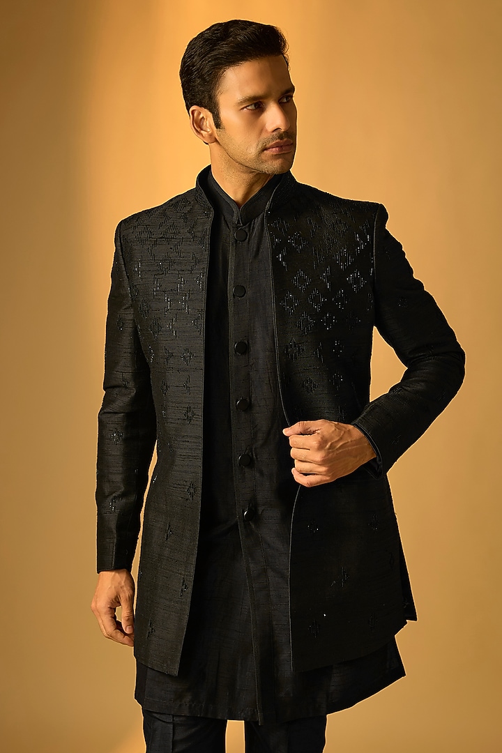 Black Silk Indo-Western Set by Vanshik at Pernia's Pop Up Shop