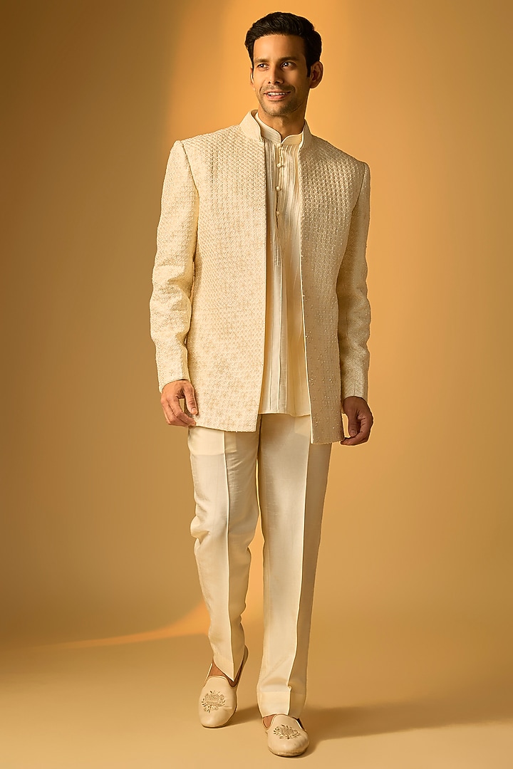 Pearl White Silk Indo-Western Set by Vanshik at Pernia's Pop Up Shop