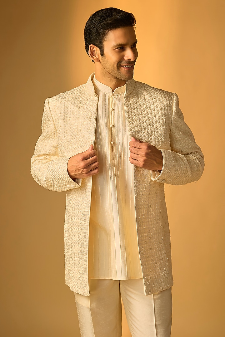 Pearl White Silk Indo-Western Set by Vanshik at Pernia's Pop Up Shop