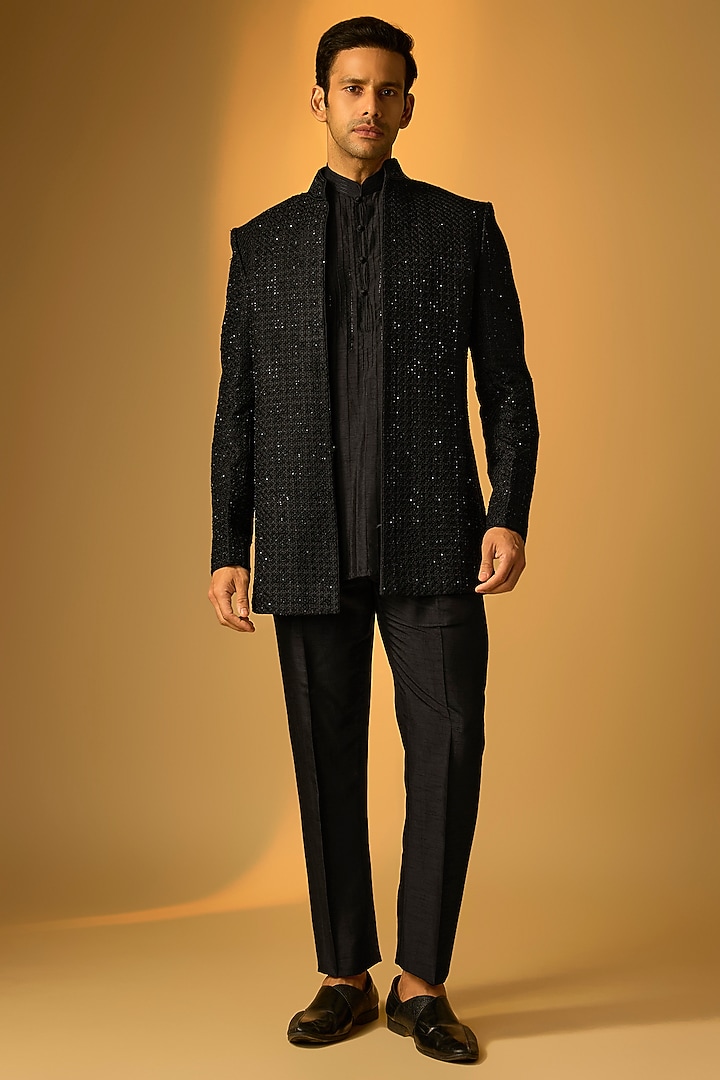 Black Silk Indo-Western Set by Vanshik at Pernia's Pop Up Shop