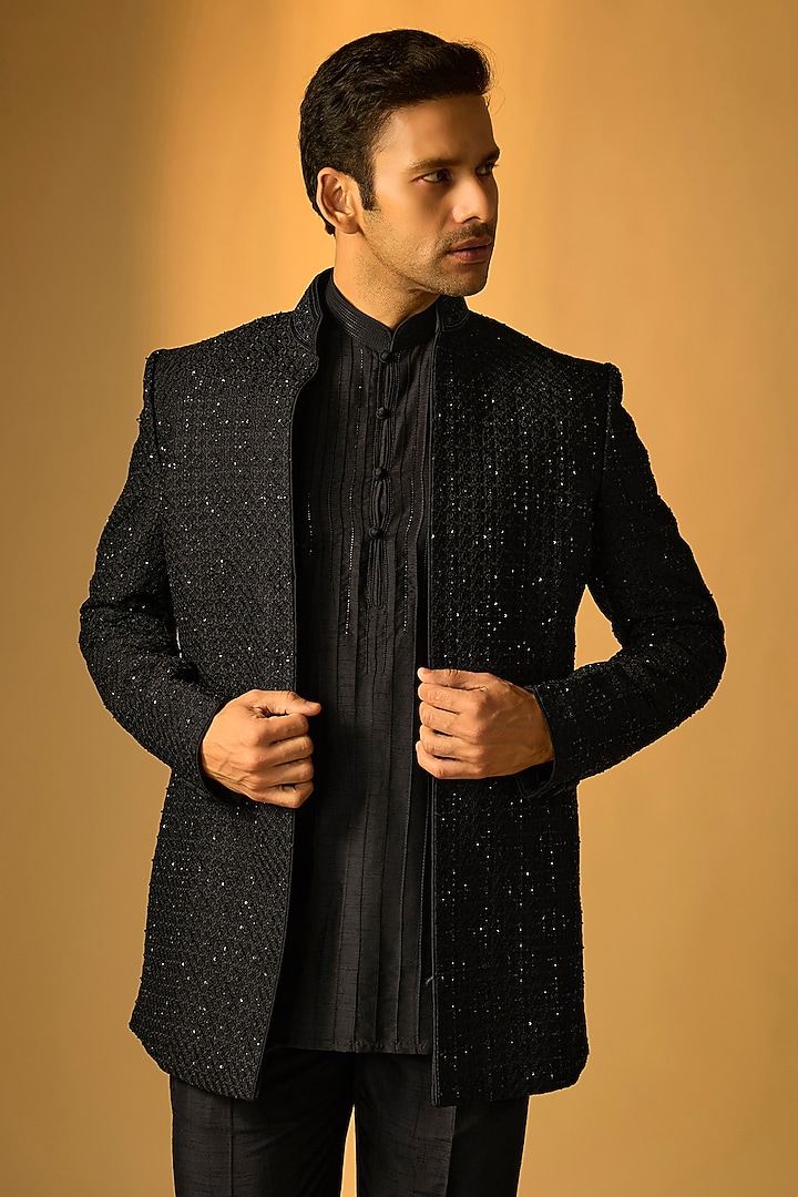 Black Silk Indo-Western Set by Vanshik at Pernia's Pop Up Shop
