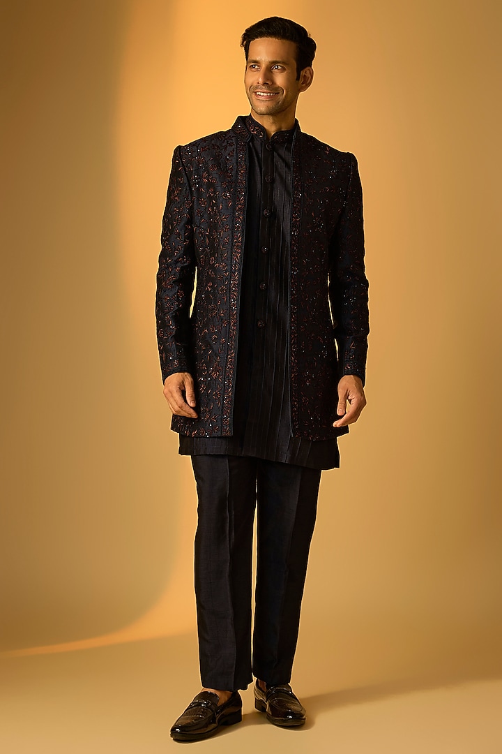 Blue Silk Indo-Western Set by Vanshik at Pernia's Pop Up Shop