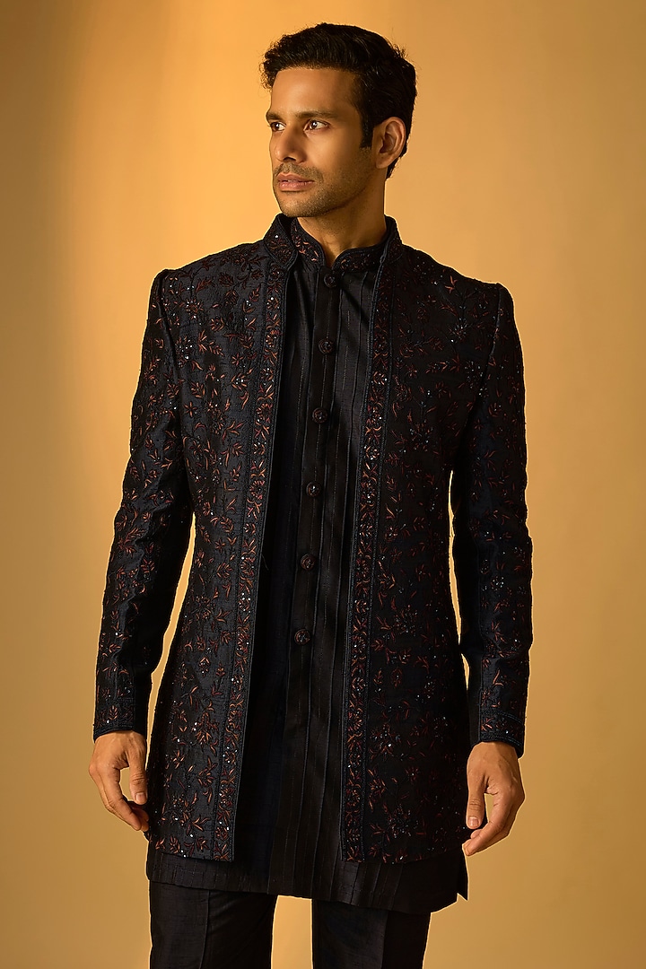 Blue Silk Indo-Western Set by Vanshik at Pernia's Pop Up Shop