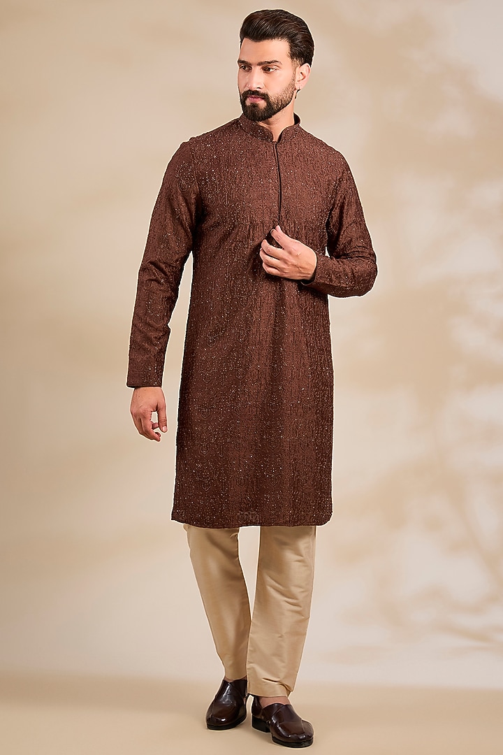 Brown Silk Kurta Set by Vanshik at Pernia's Pop Up Shop