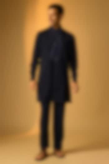 Navy Blue Silk Kurta Set by Vanshik at Pernia's Pop Up Shop