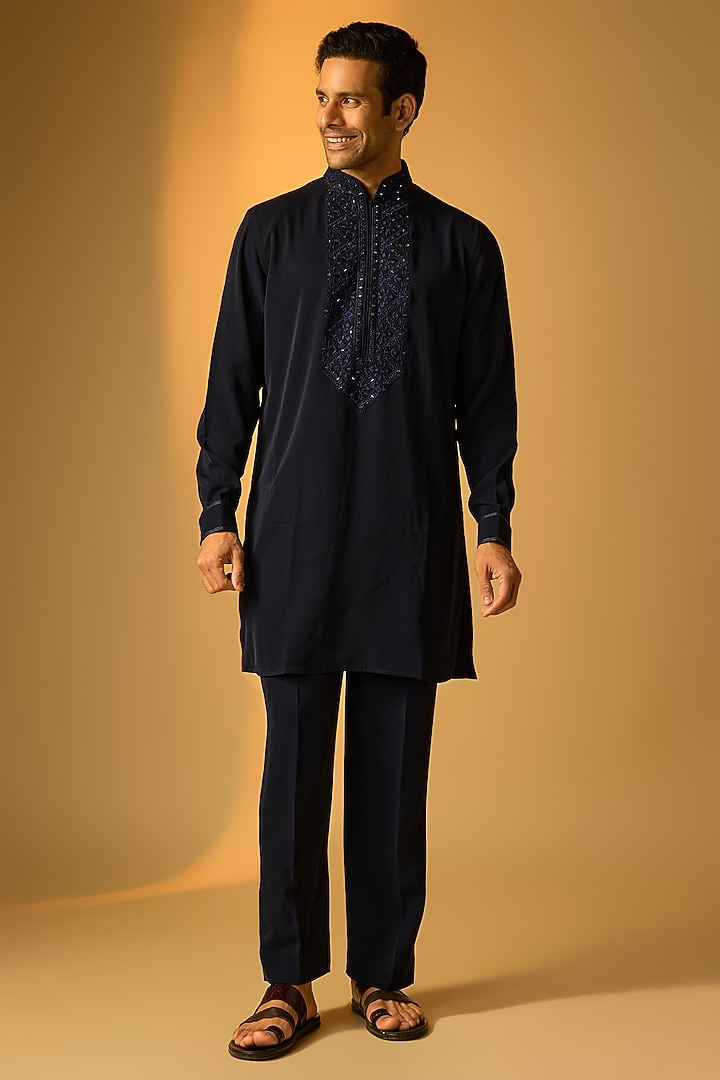 Navy Blue Silk Kurta Set by Vanshik at Pernia's Pop Up Shop