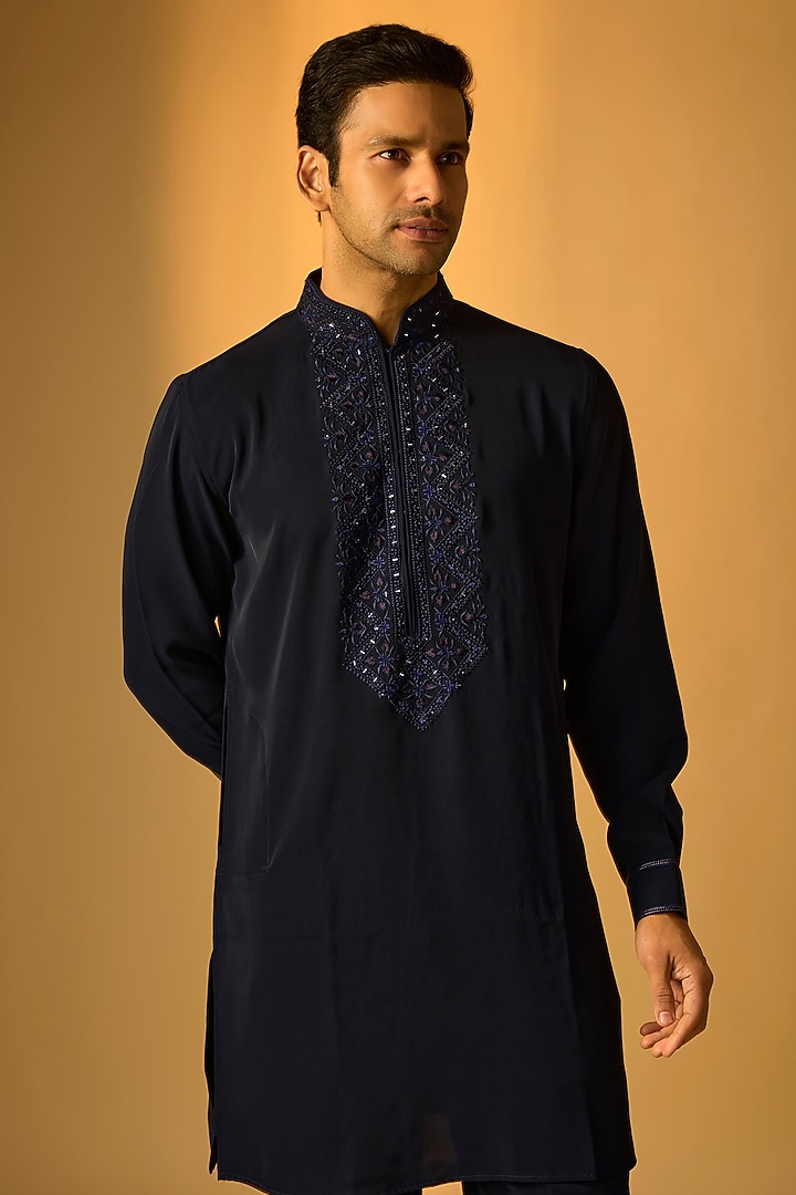 Navy Blue Silk Kurta Set by Vanshik at Pernia's Pop Up Shop