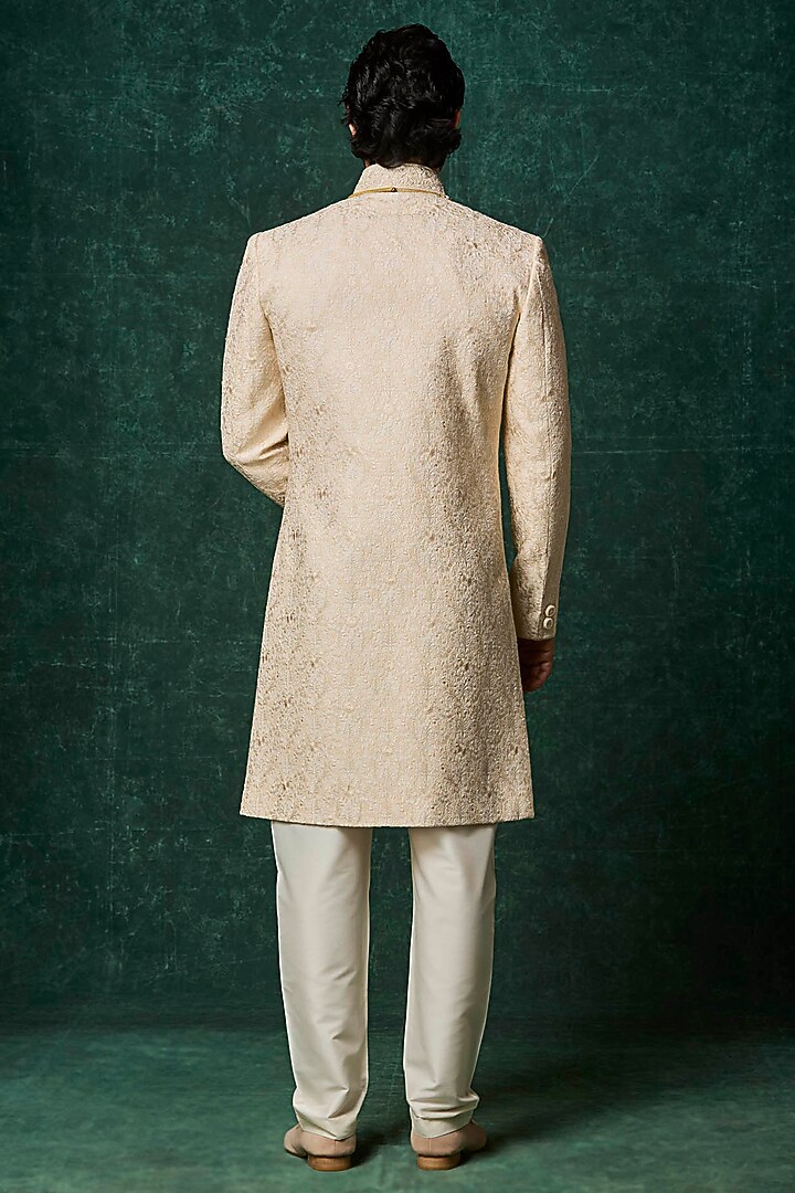 Pearl White Silk Hand Embroidered Groom Sherwani Set by Vanshik at Pernia's Pop Up Shop