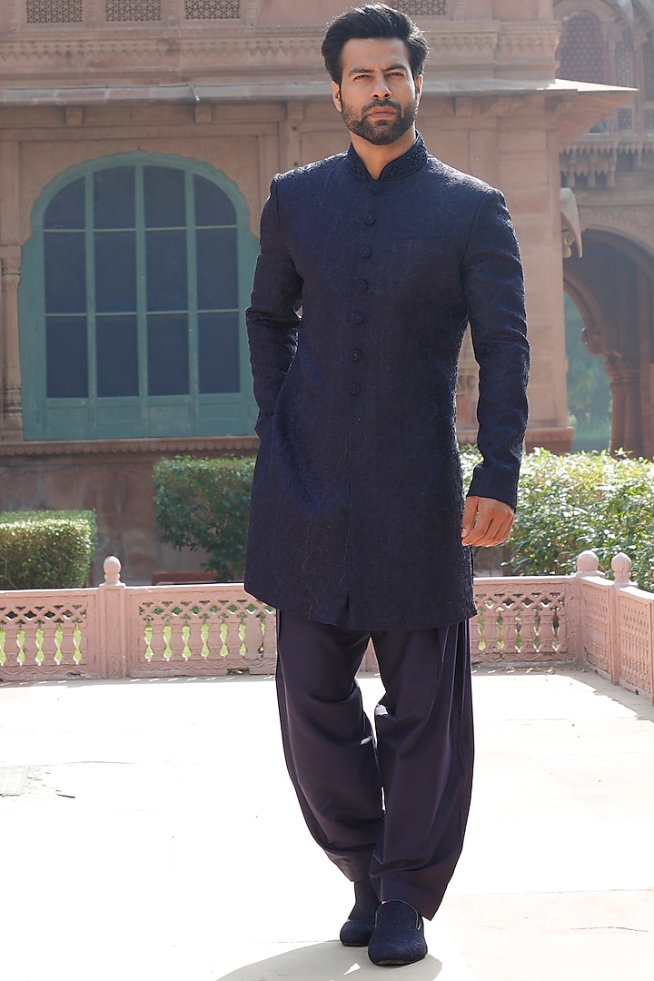 Blue Embroidered Sherwani With Pants by Vanshik