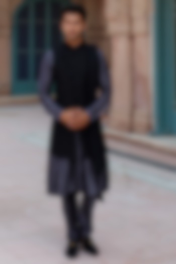 Black Silk Resham Hand Embroidered Nehru Jacket Set by Vanshik at Pernia's Pop Up Shop