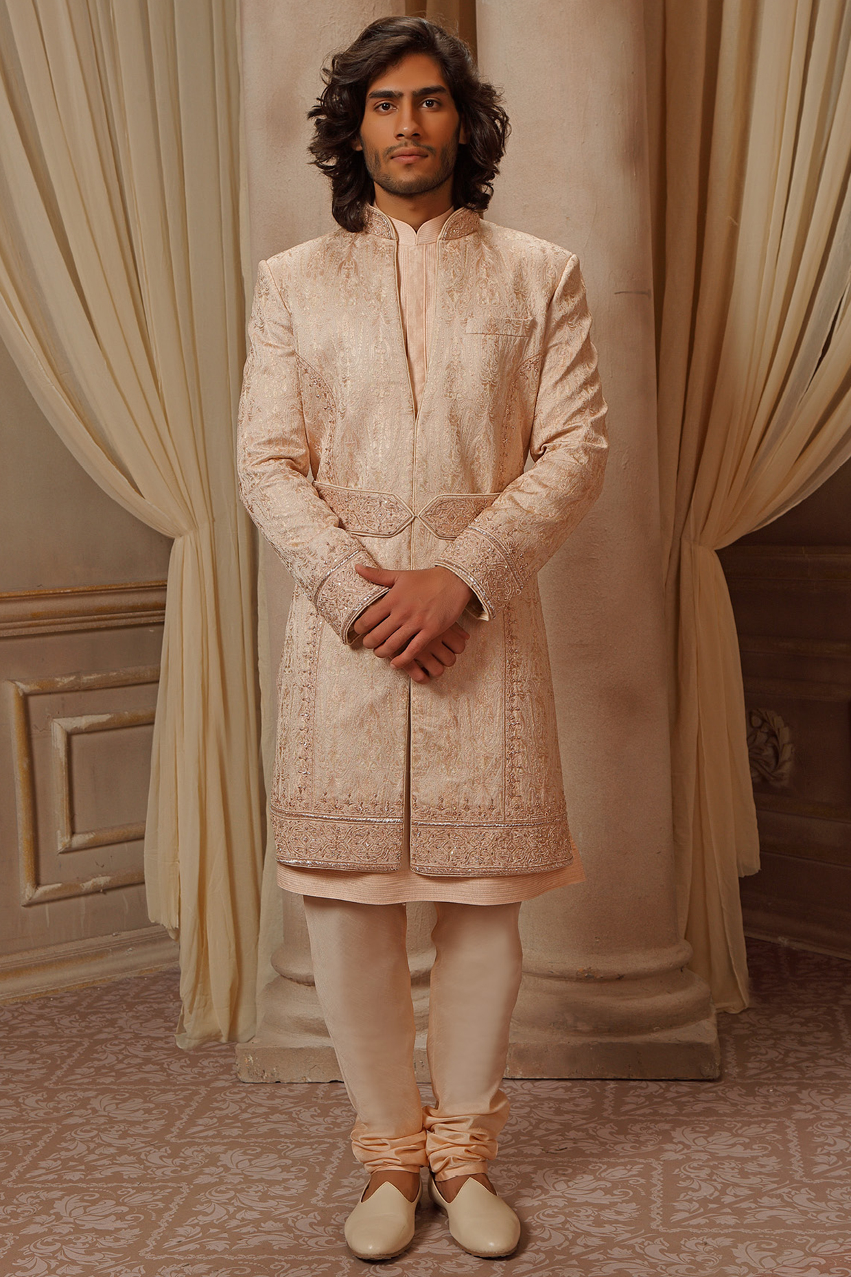 Peach Digital Embroidered Wedding Sherwani Set by Vanshik at Pernia's Pop Up Shop
