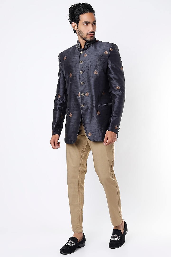 Sombre Grey Hand Embroidered Jodhpuri Bandhgala Jacket by Vanshik