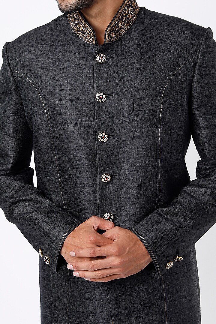 Sombre Grey Hand Embroidered Jodhpuri Jacket by Vanshik at Pernia's Pop Up Shop